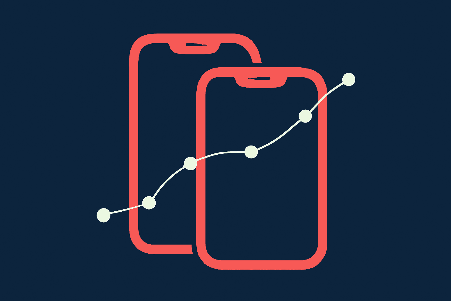 Two overlapping device outlines connected by a flowing arc of nodes, in coral and navy